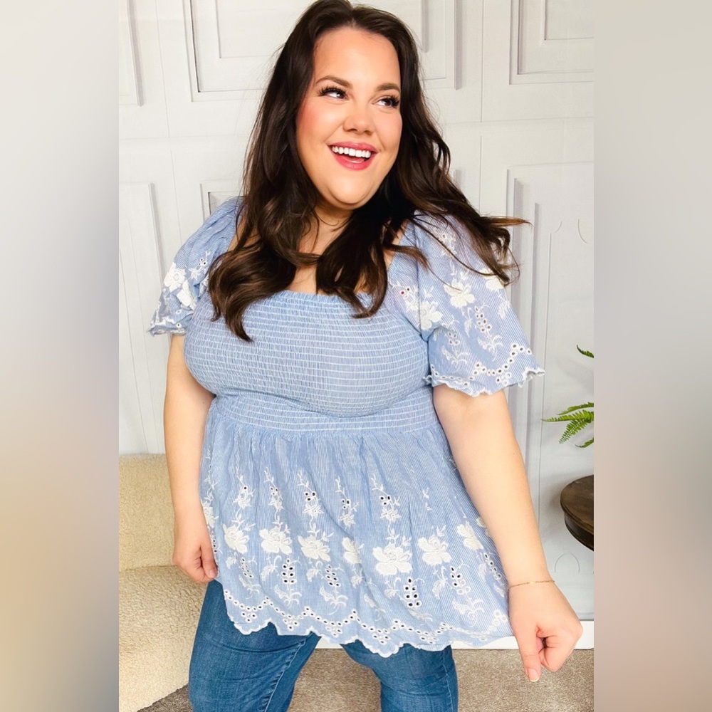 Just A Dream Blue Smocked Floral Embroidered Babydoll Top NWT
